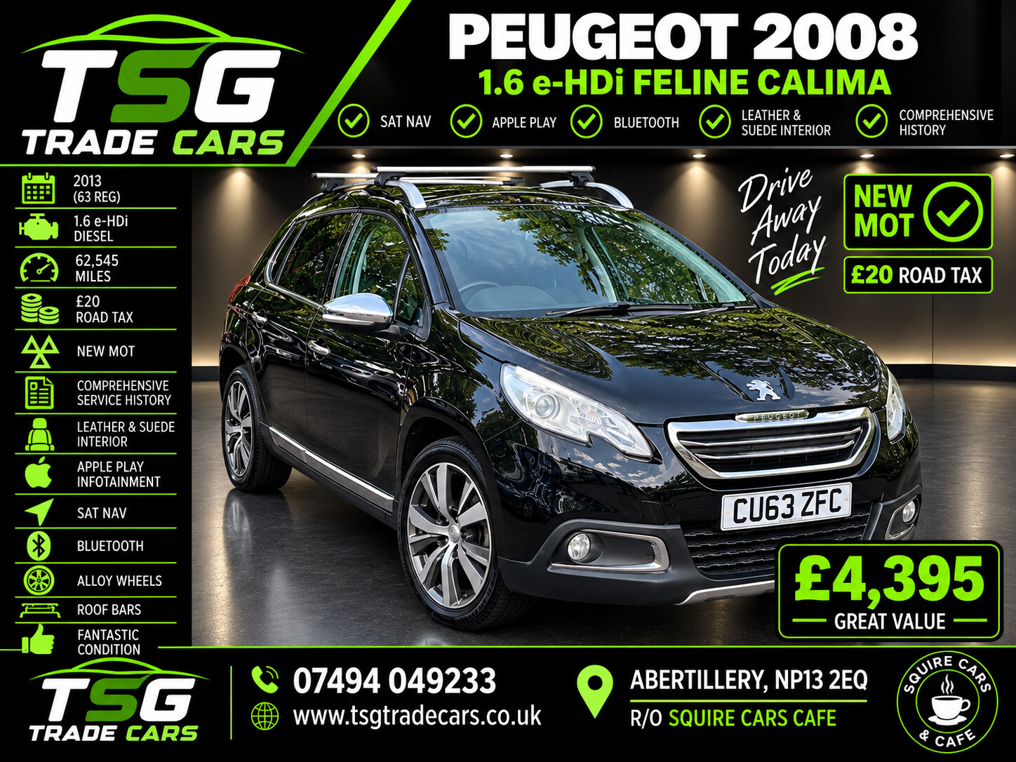 2013 Peugeot 2008 1.6 e-HDi Feline SUV 5dr Diesel Manual Euro 5 (s/s) (Calima) (92 ps) for sale at TSG Trade Cars