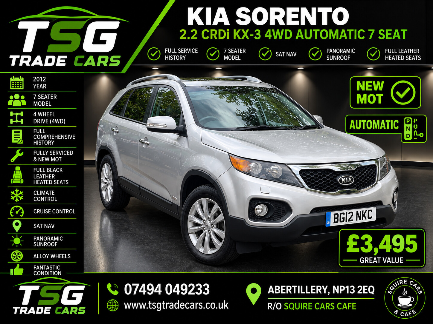 2012 Kia Sorento 2.2 CRDi KX-3 SUV 5dr Diesel Auto AWD Euro 5 (SNav) (194 bhp) for sale at TSG Trade Cars