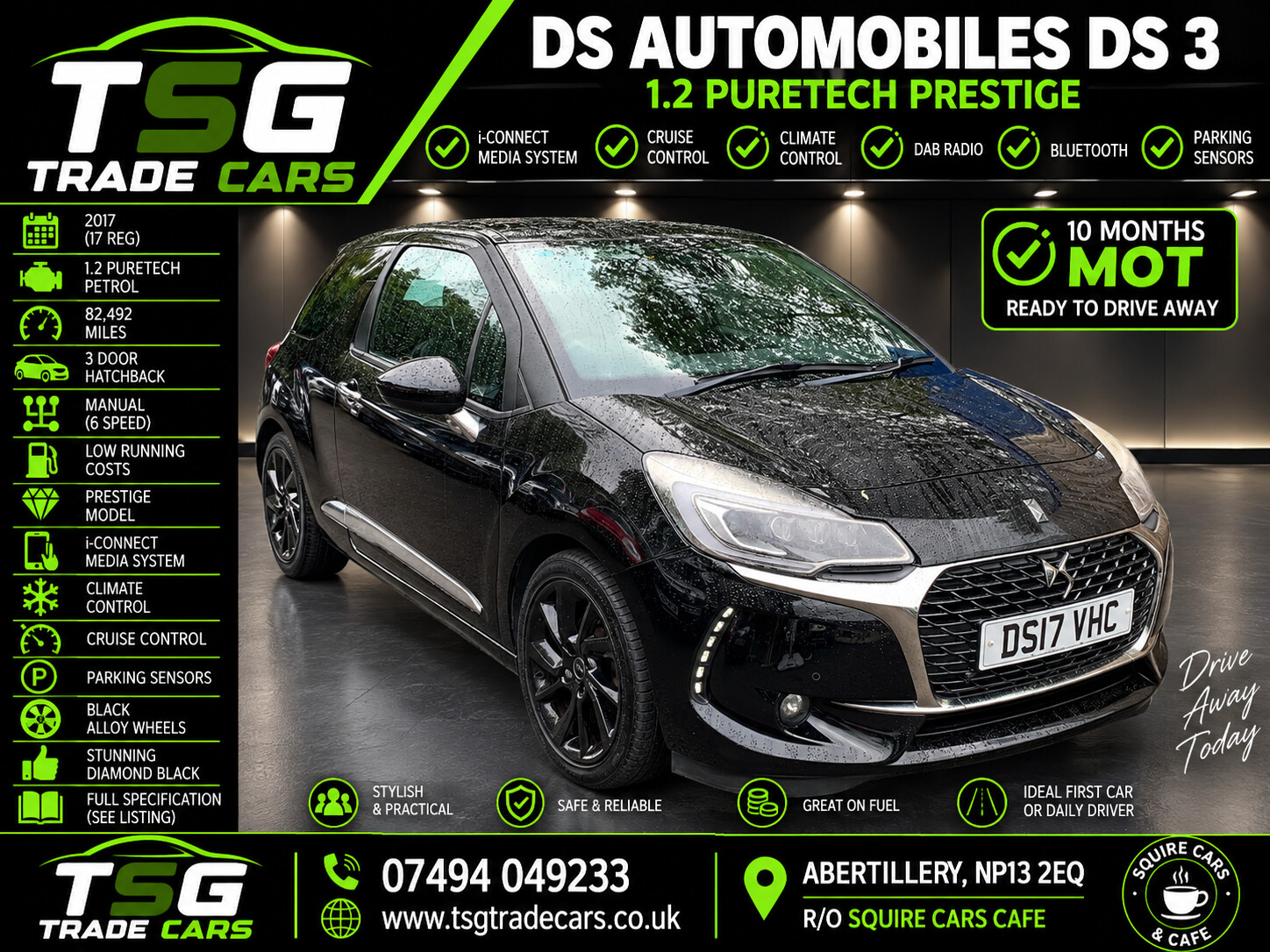 2017 DS AUTOMOBILES DS 3 1.2 PureTech Prestige Hatchback 3dr Petrol Manual Euro 6 (s/s) (130 ps) for sale at TSG Trade Cars