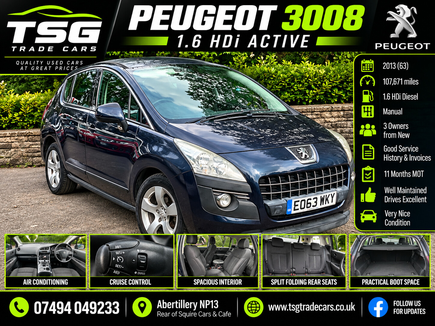 2013 Peugeot 3008 1.6 HDi Active SUV 5dr Diesel Manual Euro 5 (115 ps) for sale at TSG Trade Cars
